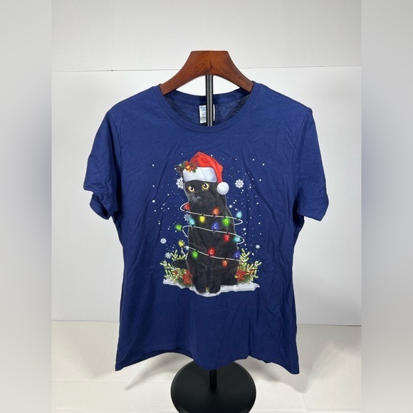 Blue T-Shirt with Festive Cat Design - Picture 1 of 6